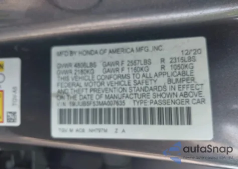 2021 Acura Tlx A-Spec Package z USA, uszkodzony, nr VIN 19UUB5F53MA007635